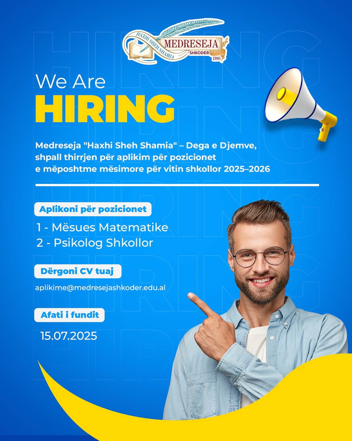 Medreseja Shkodër hap thirrjen për mësues matematike dhe psikolog shkollor
